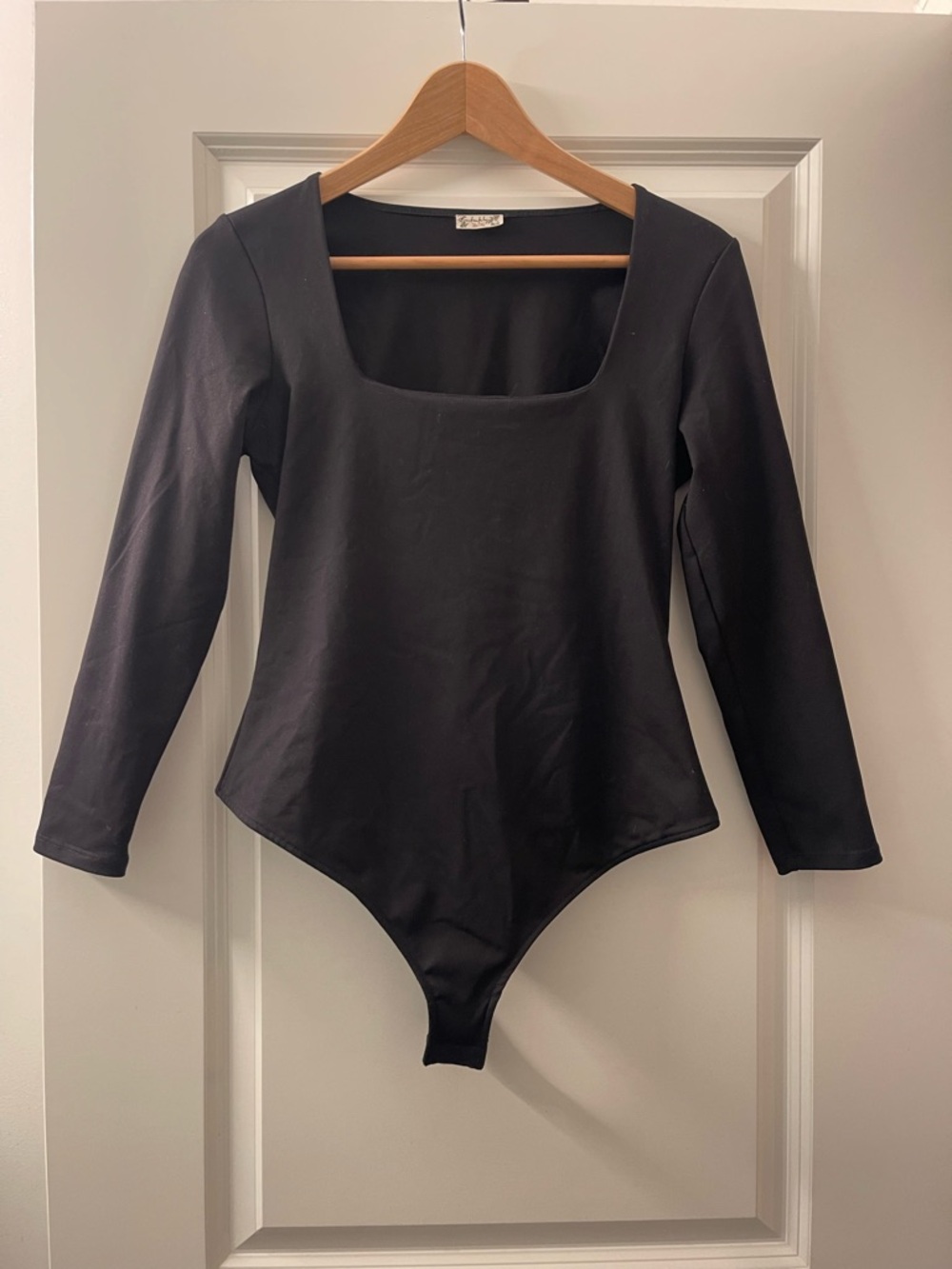 Free People Black Long Sleeve Square Neck Bodysuit
